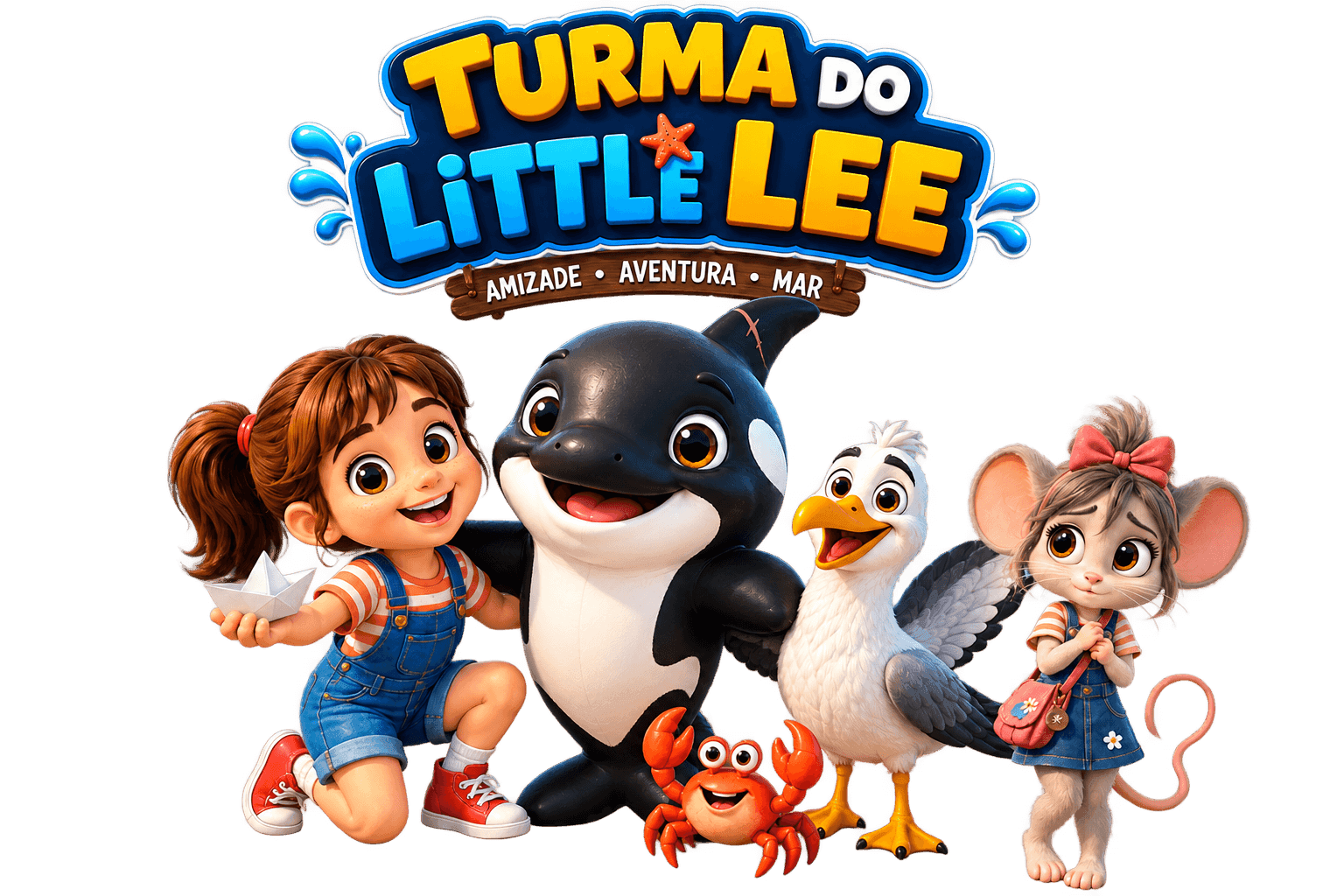 Turma do Little Lee — Amizade, Aventura e Mar: Mel, Lee, Pipo, Pinça e Téfon reunidos no cais